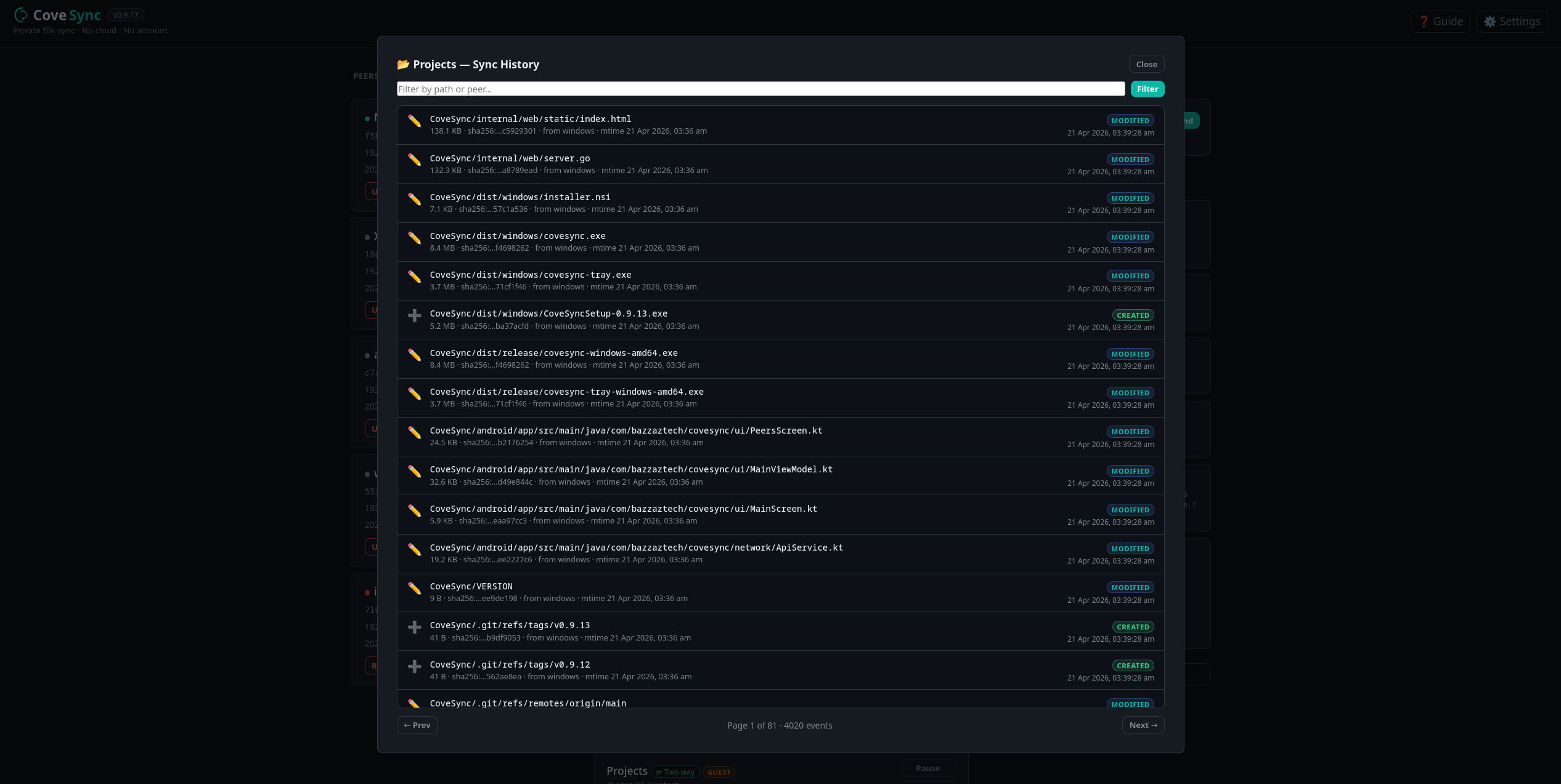Sync history